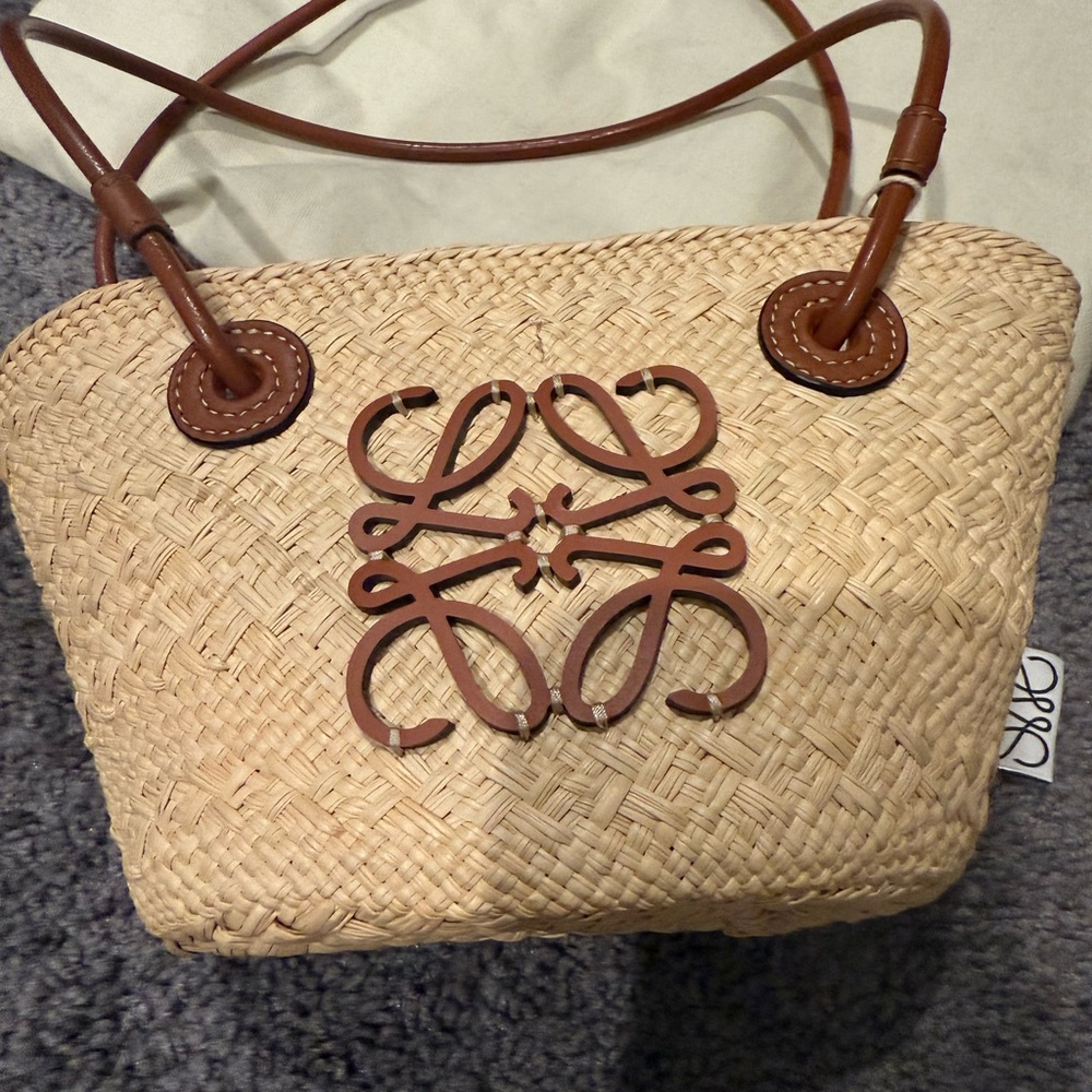 Rare Authentic Mini Loewe Tan Woven Tote Bag with Leather Accents
